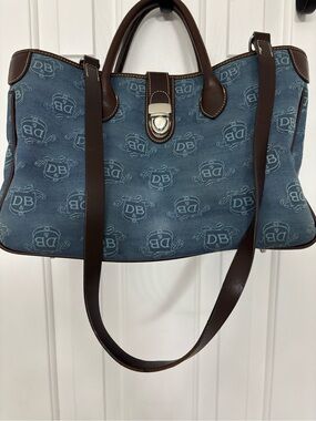 Dooney & Bourke Blue Logo Canvas Satchel with Brown Leather Accents